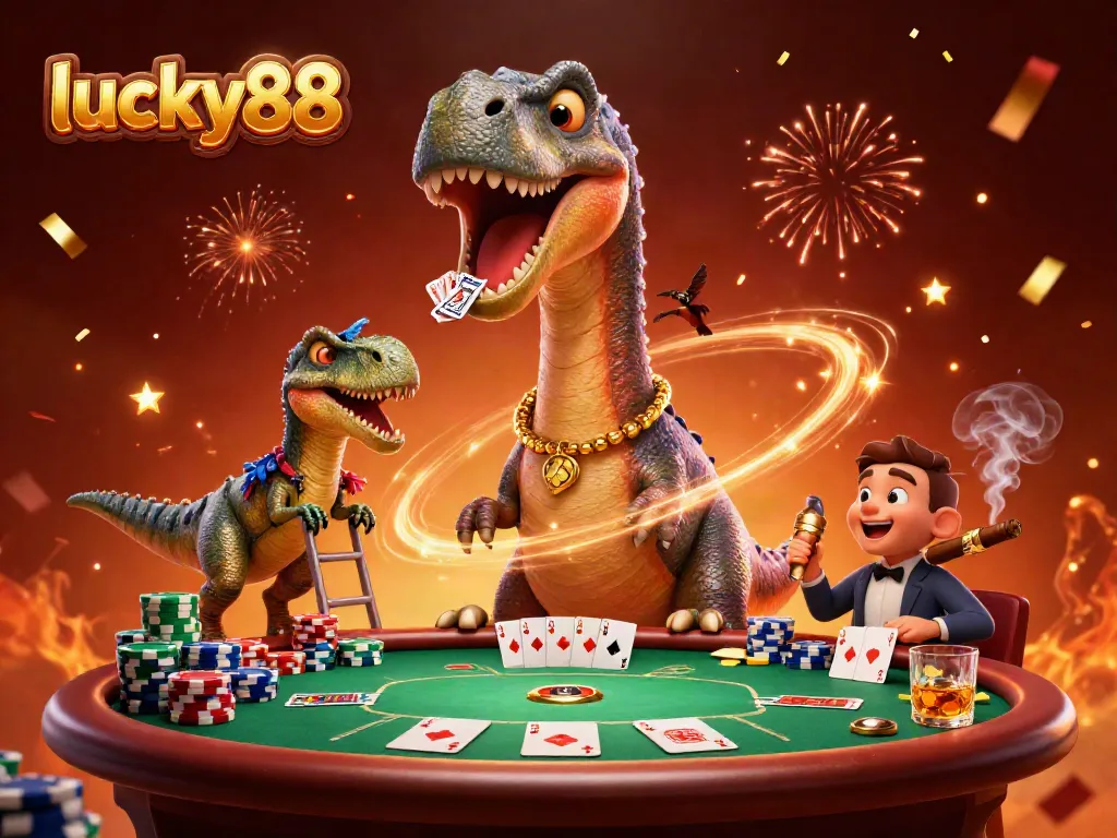 lucky88 showcases a lively casino scene with a brontosaurus and raptor engaging in a poker game, celebrating excitement