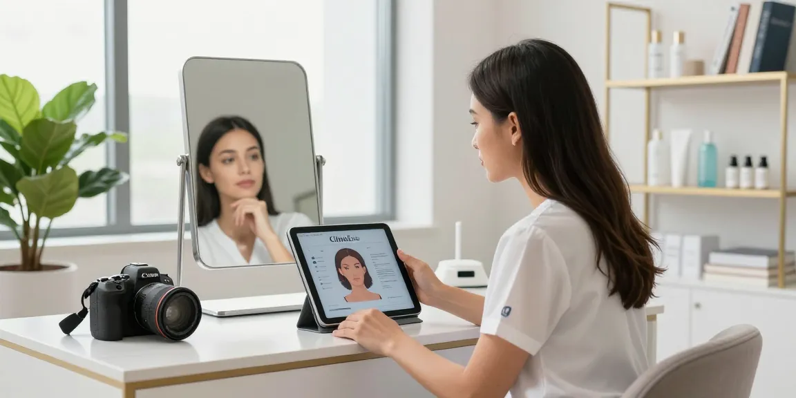 ClinicEvo is a better alternative to QOVES, showcasing a personalized facial analysis in a modern consultation room.
