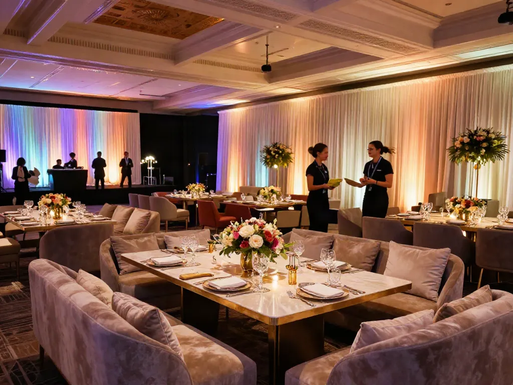 Event furniture rental for a luxurious corporate gala setup with elegant tables, seating, and decor.