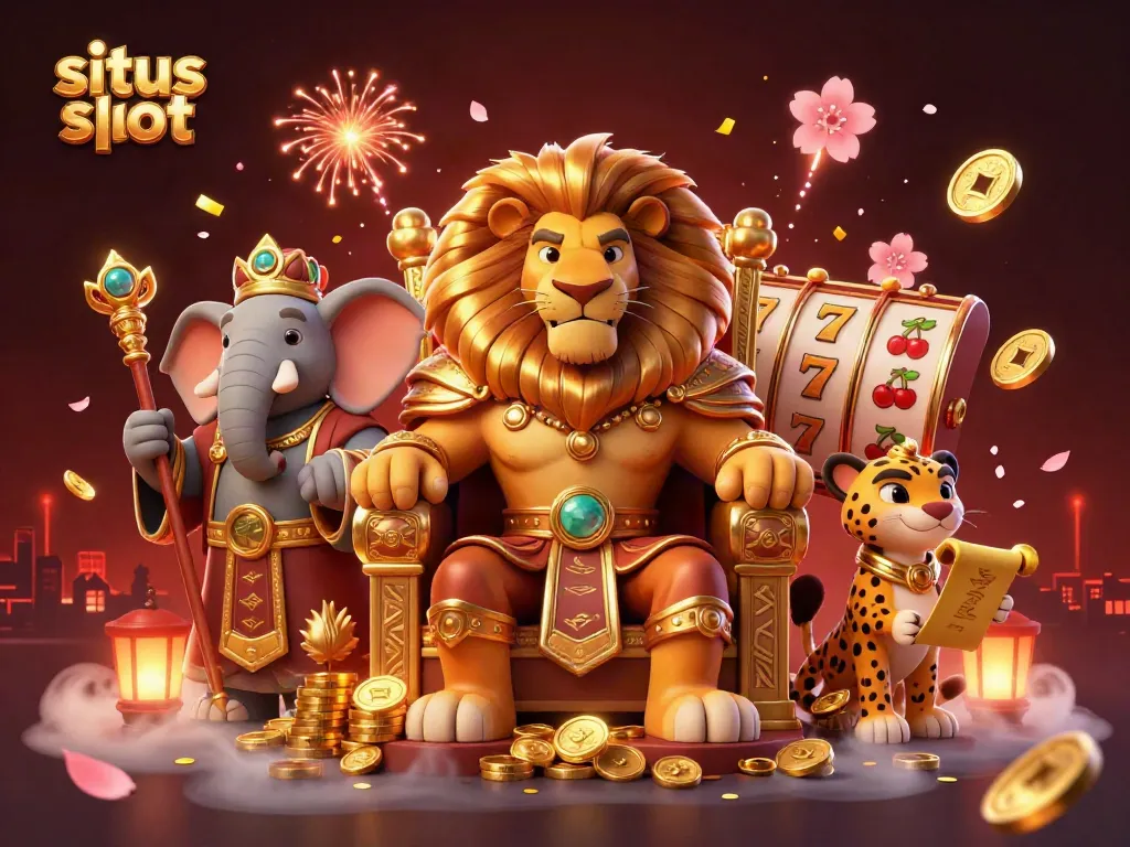 Experience the thrill of situs slot with a vibrant 3D casino scene featuring a royal lion, wise elephant, and quick cheetah.