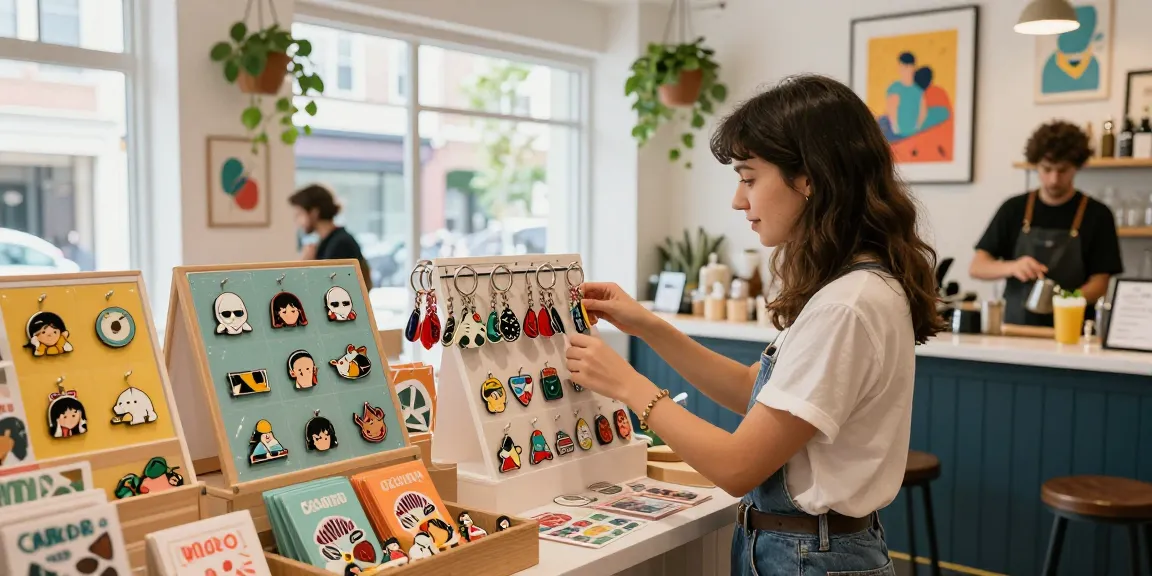 Woman exploring custom enamel pins in a trendy boutique, showcasing vibrant merchandise and a lively atmosphere.