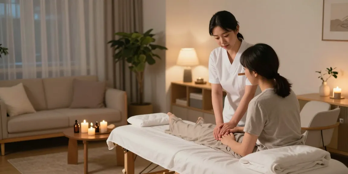Serene scene of a 성남출장마사지 therapist preparing for in-home massage therapy, showcasing a calming atmosphere with soft lighting and aesthetic decor.