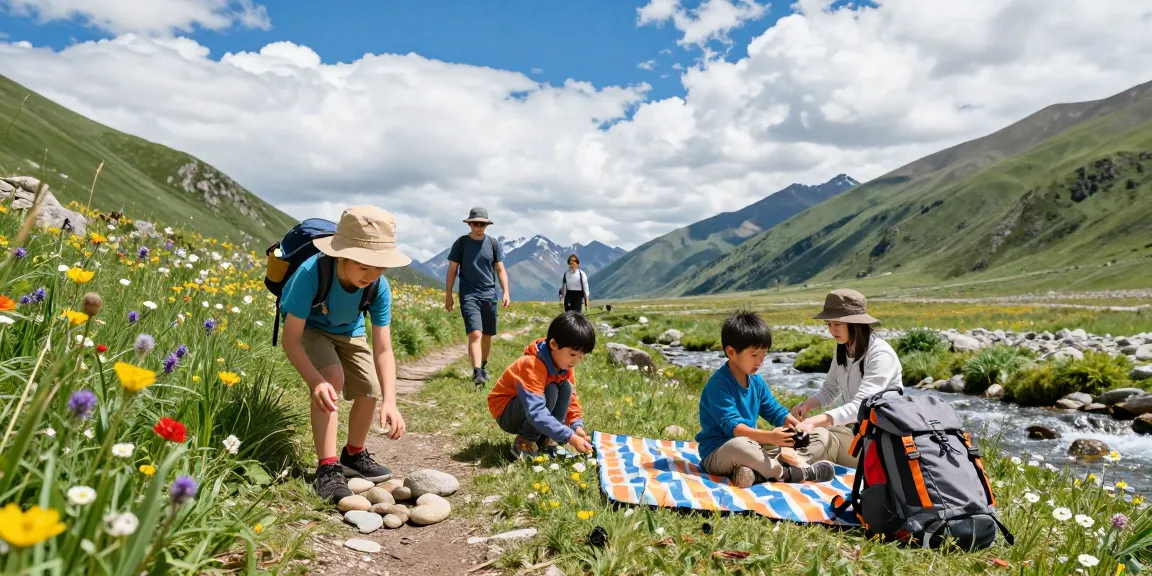 Family adventure with mantra88 in a picturesque mountain setting, children exploring nature and parents enjoying a picnic.