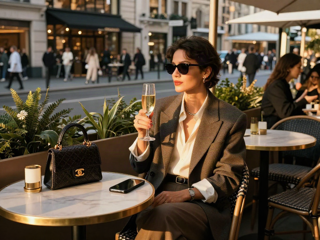 Gaya hidup luxury111 dengan suasana kafe modern dan individu bergaya.