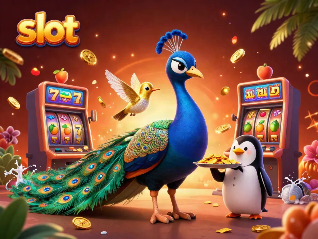 Gambarlah mesin slot dengan simbol buah dan jackpot, dikelilingi oleh karakter kasino.