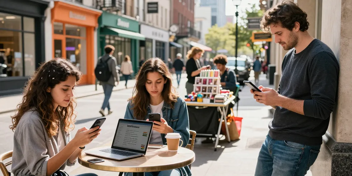 Explore local listings on BedPersonal in vibrant city setting with diverse users browsing classifieds.