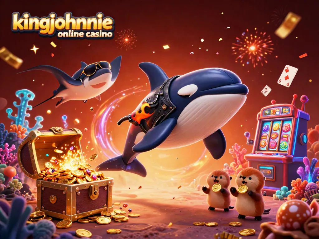 Engage with kingjohnnie online casino's vibrant scene featuring an orca in a biker jacket and playful sea otters.