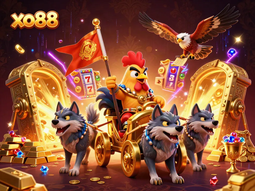 Join the thrill at xo88 with stunning game elements like slot reels and a vibrant golden atmosphere.