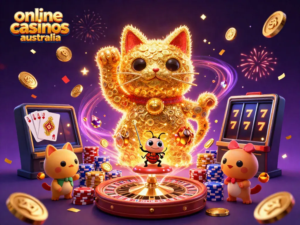Experience the excitement of online casinos Australia with dynamic casino symbols and a waving lucky cat.