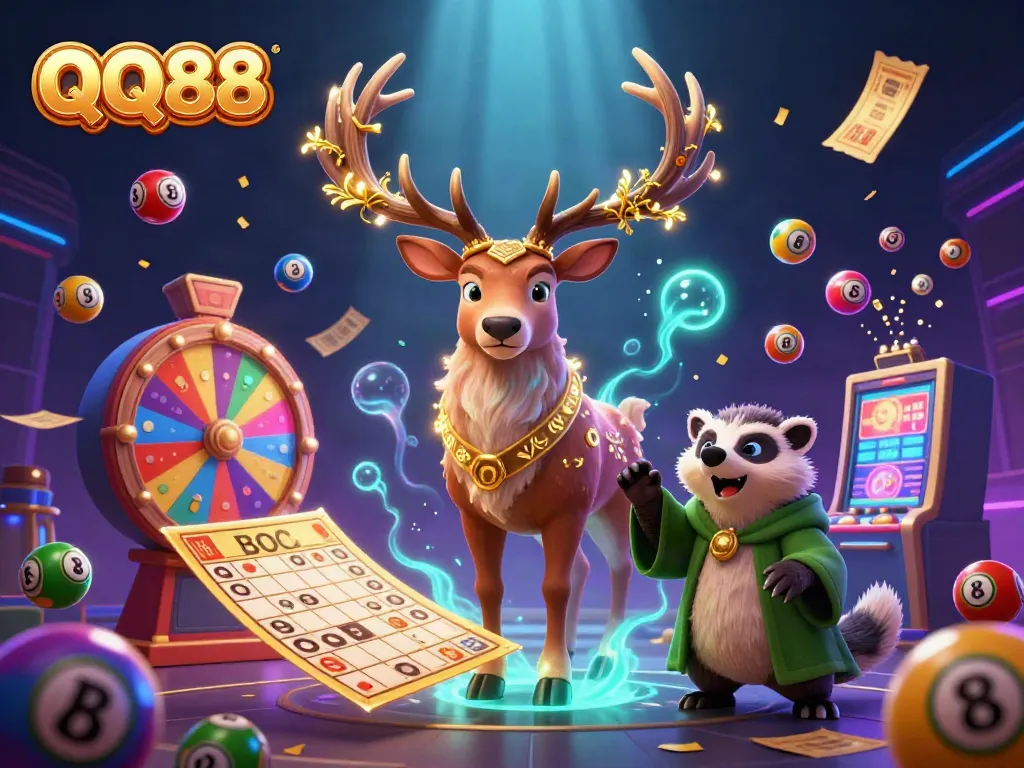 Join the excitement at QQ88 with vibrant lottery elements and magical characters in a detailed casino scene.