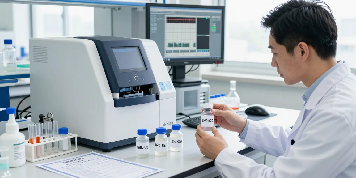 Scientist examining research peptides GHK-Cu, BPC-157, TB-500, and KPV in a laboratory setting.