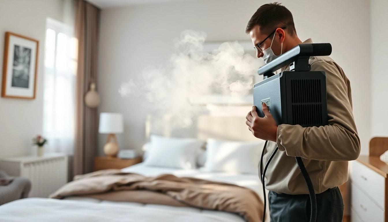 Professional conducting bed bug heat treatment in a cozy bedroom with a focus on safety.