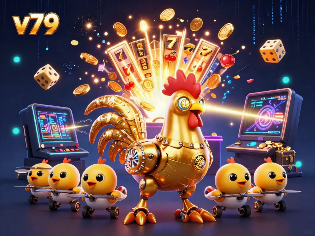 Experience thrilling wins with v79's vibrant cartoon casino scene featuring a golden rooster robot and jackpots.