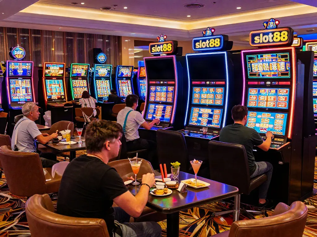 Exciting scene of players at colorful slot88 machines in a lively casino.