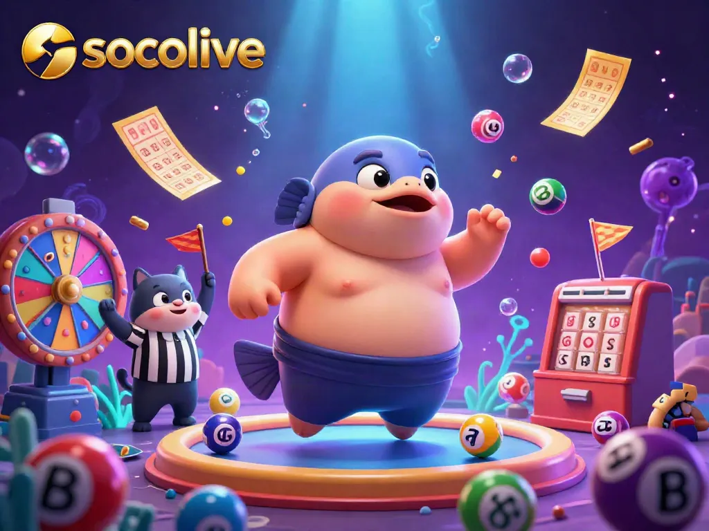 Socolive brings vibrant action with a colorful 3D underwater scene featuring a puffed-up blowfish and lottery excitement.