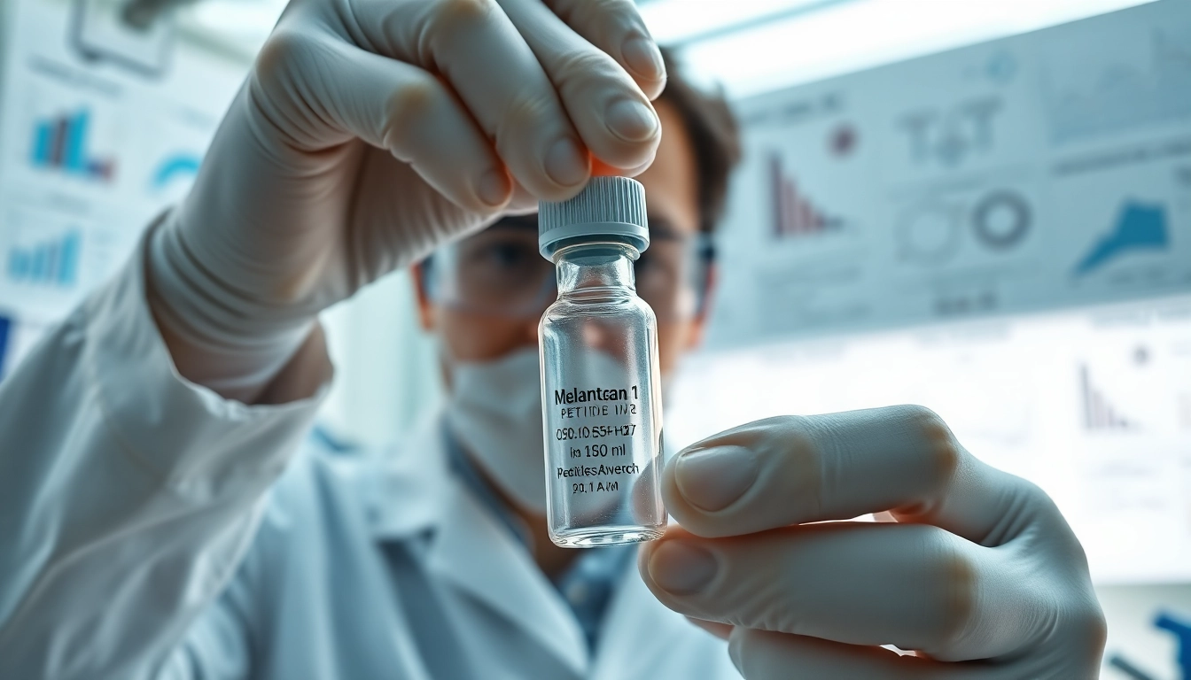 Buy melanotan 1 peptide in a laboratory setting with a researcher examining it closely.