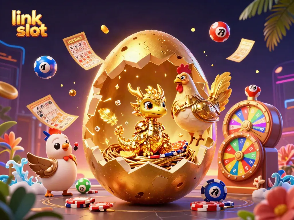Permainan slot link slot dengan naga emas mengawasi tumpukan chip poker dan hiasan lotere yang berwarna-warni.