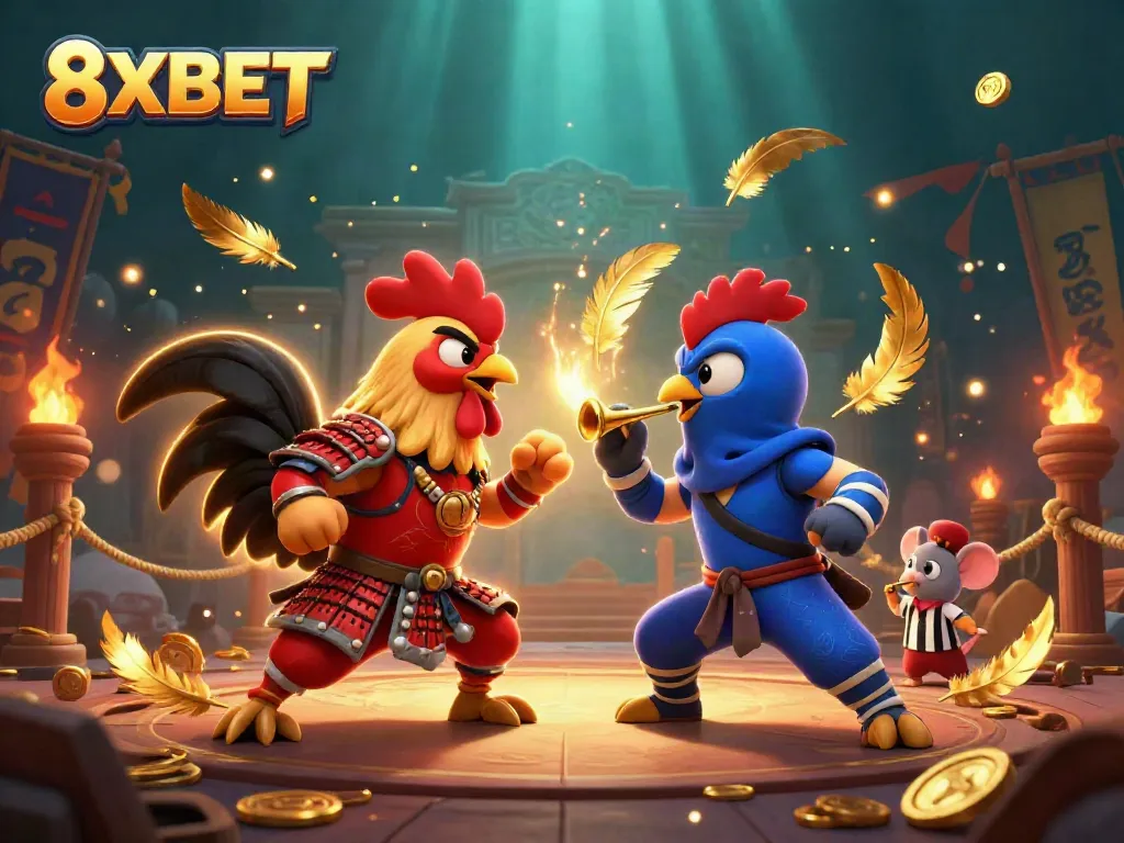 8XBET features vibrant 3D roosters in action with golden tokens, showcasing an exciting casino atmosphere.