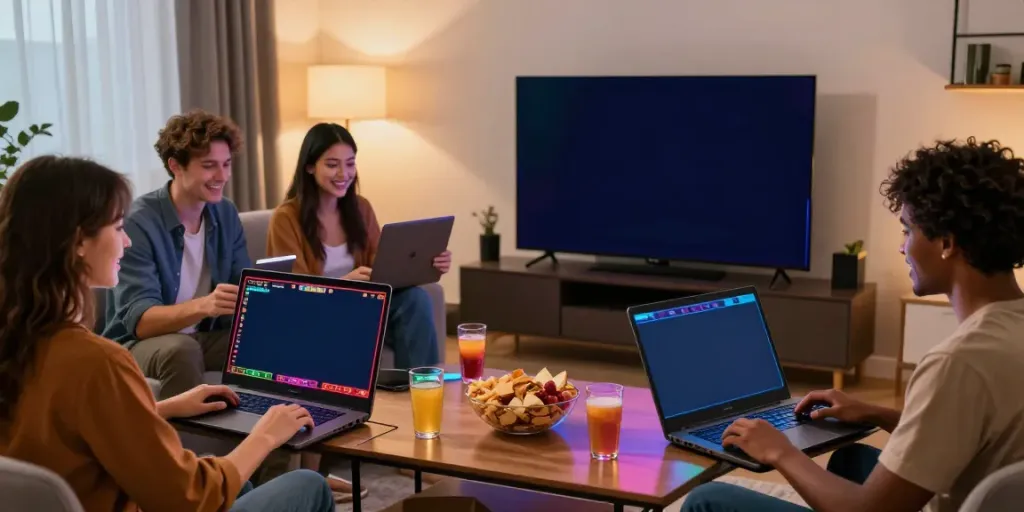 Diverse friends enjoying slot online games in a cozy living room setting.