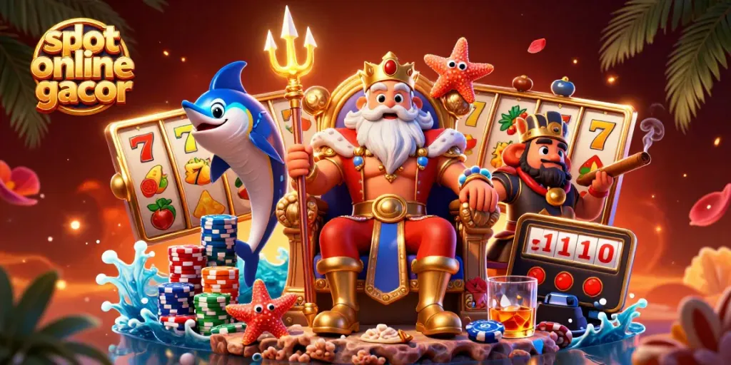 Engage with slot online gacor through a vibrant scene of Neptune and gaming elements.