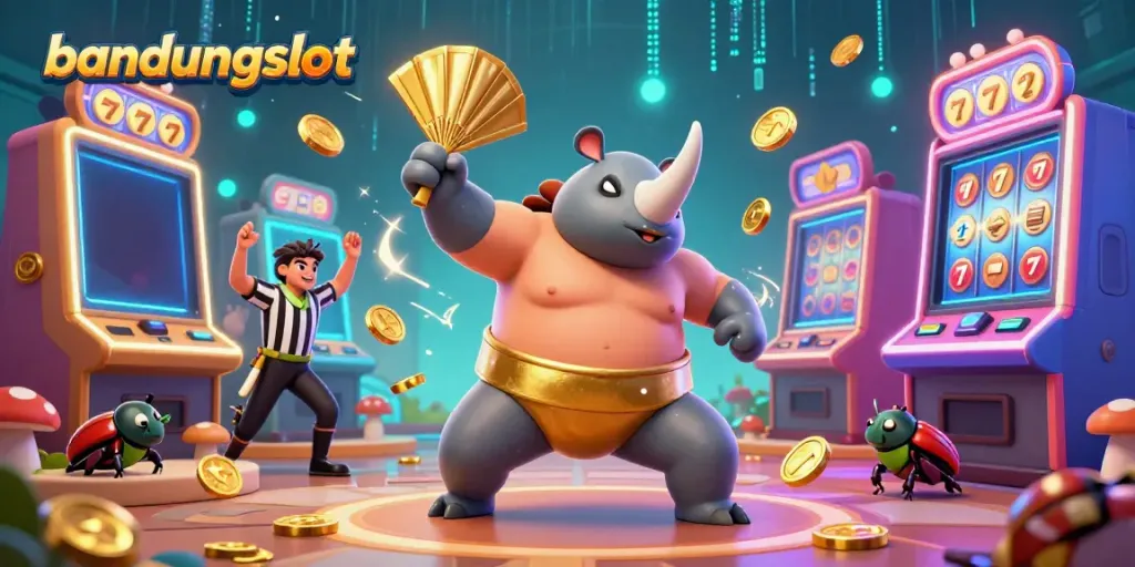 Experience the excitement of winning with bandungslot as a sumo champion beetle celebrates amidst dynamic slot machines.
